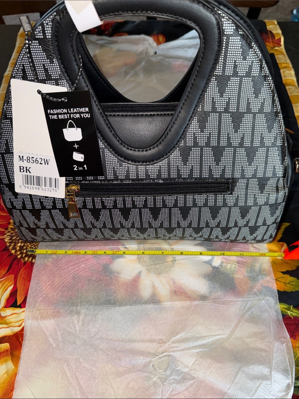 Black Patterned Top-Handle Women’s Bag with Front Zip Pocket w/wallet
